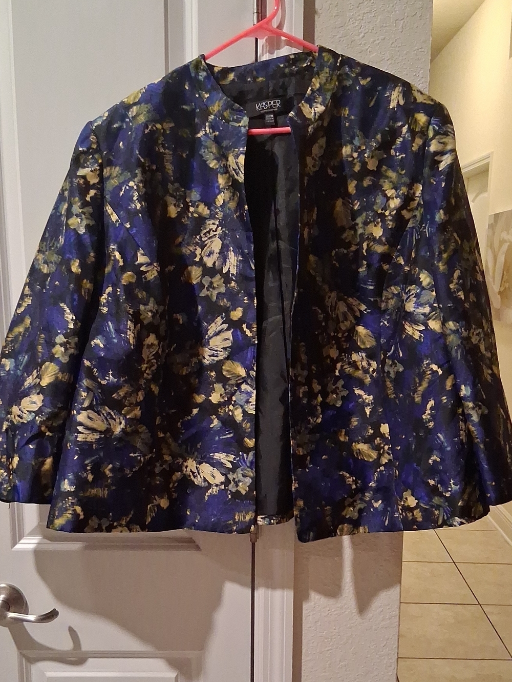 Kasper Blue and Gold Floral Open-Front Jacket